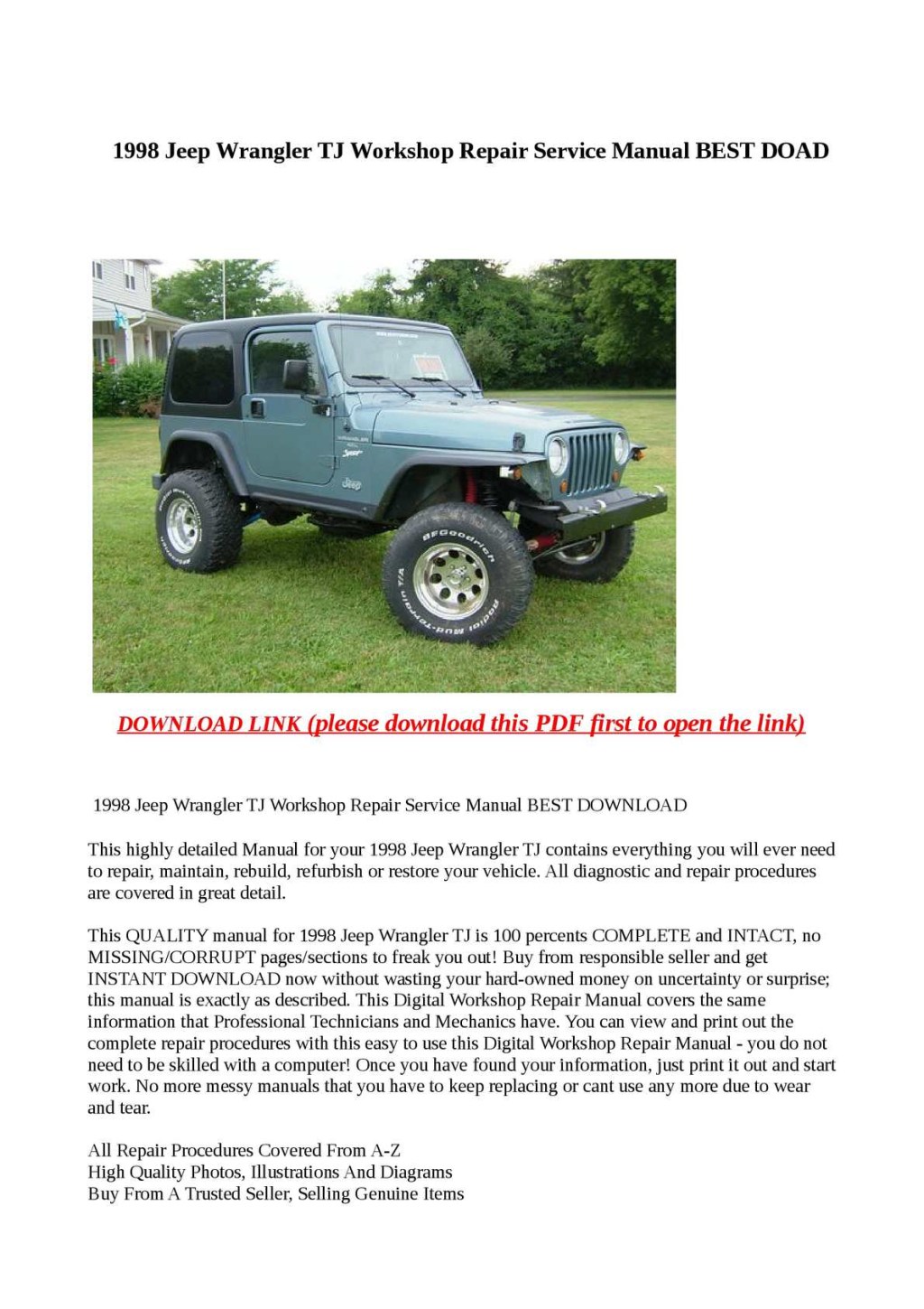 Picture of: Calaméo –  Jeep Wrangler TJ Workshop Repair Service Manual