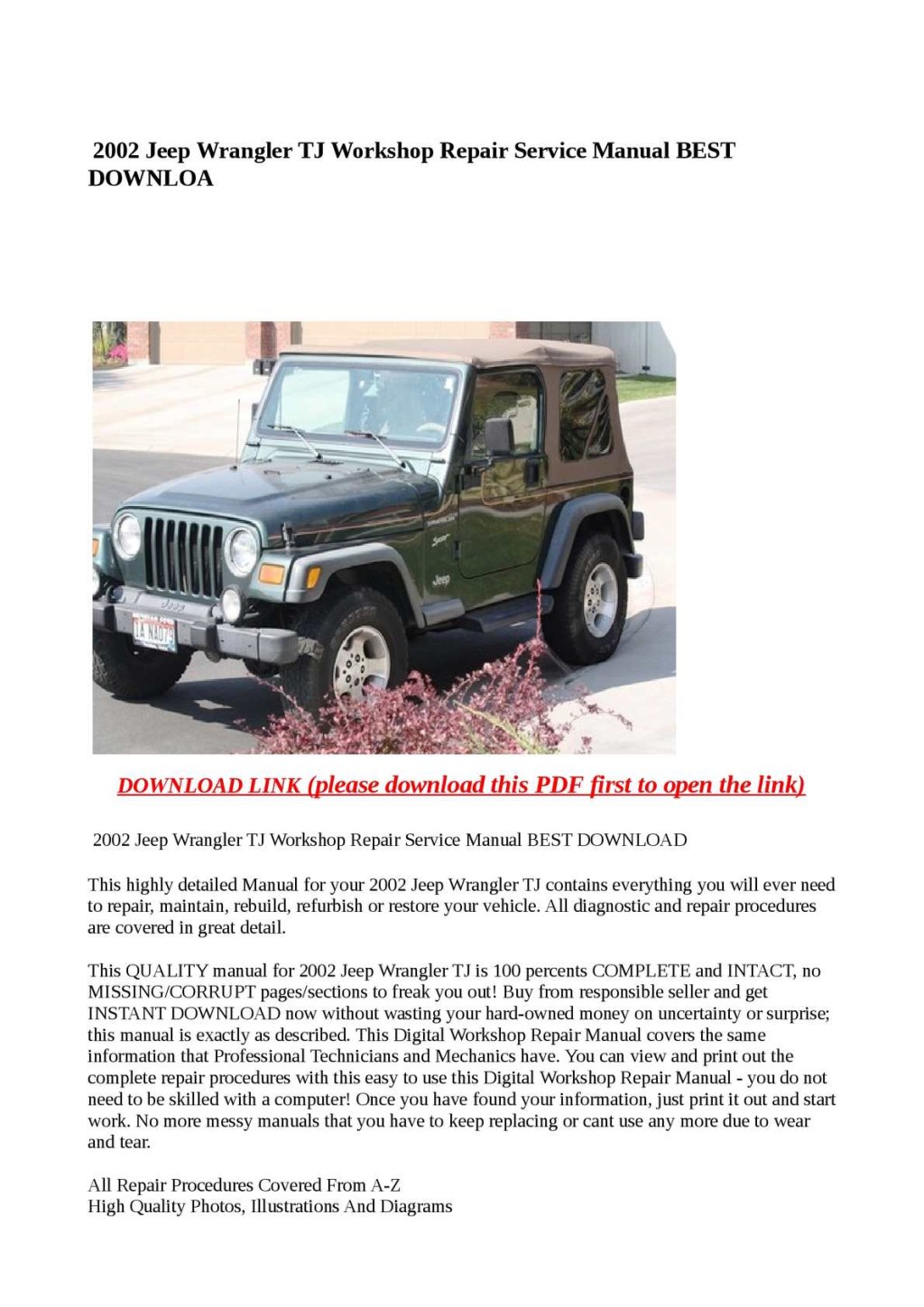 Picture of: Calaméo –  Jeep Wrangler TJ Workshop Repair Service Manual